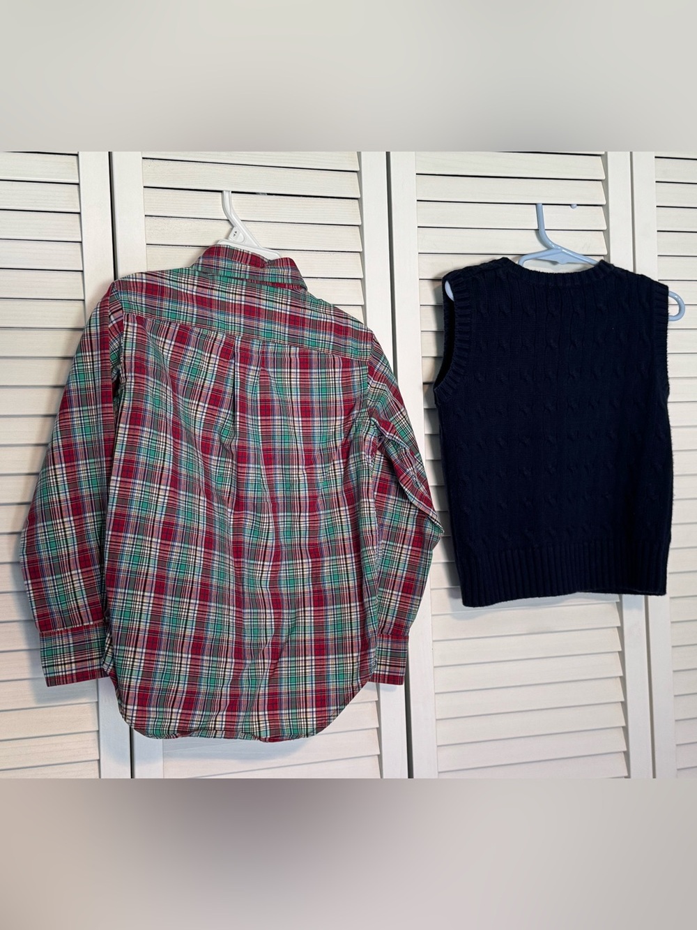 Ralph Lauren Navy Cable-Knit Vest with Red & Green Plaid Shirt - Picture 5 of 9